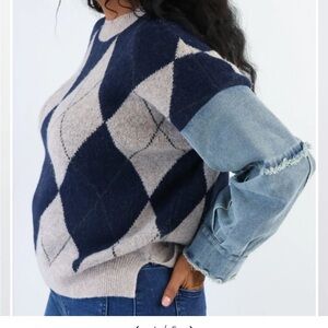 J.O.A. Navy and Beige Argyle Sweater with Denim Sleeves